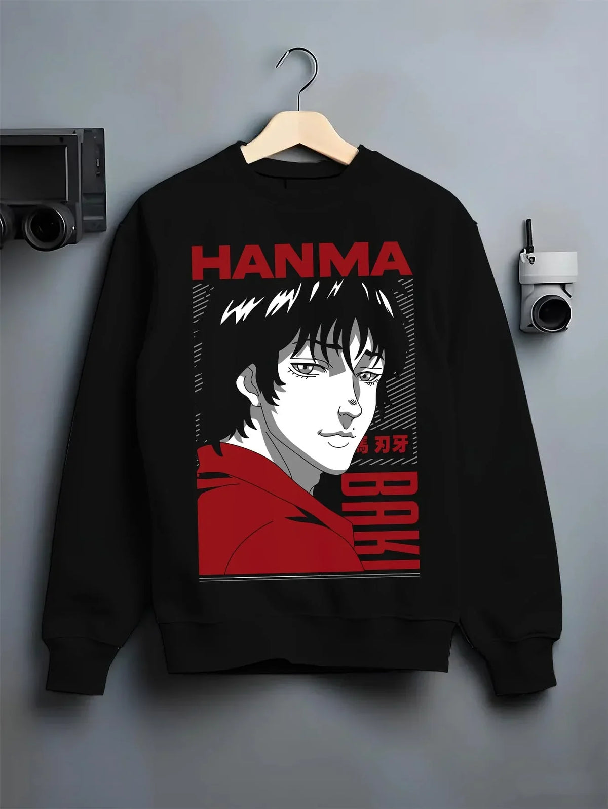 Black crewneck sweatshirt on hanger with Baki Hanma Fighter Hoodie Classic Retro Anime Jumper graphic premium wear.