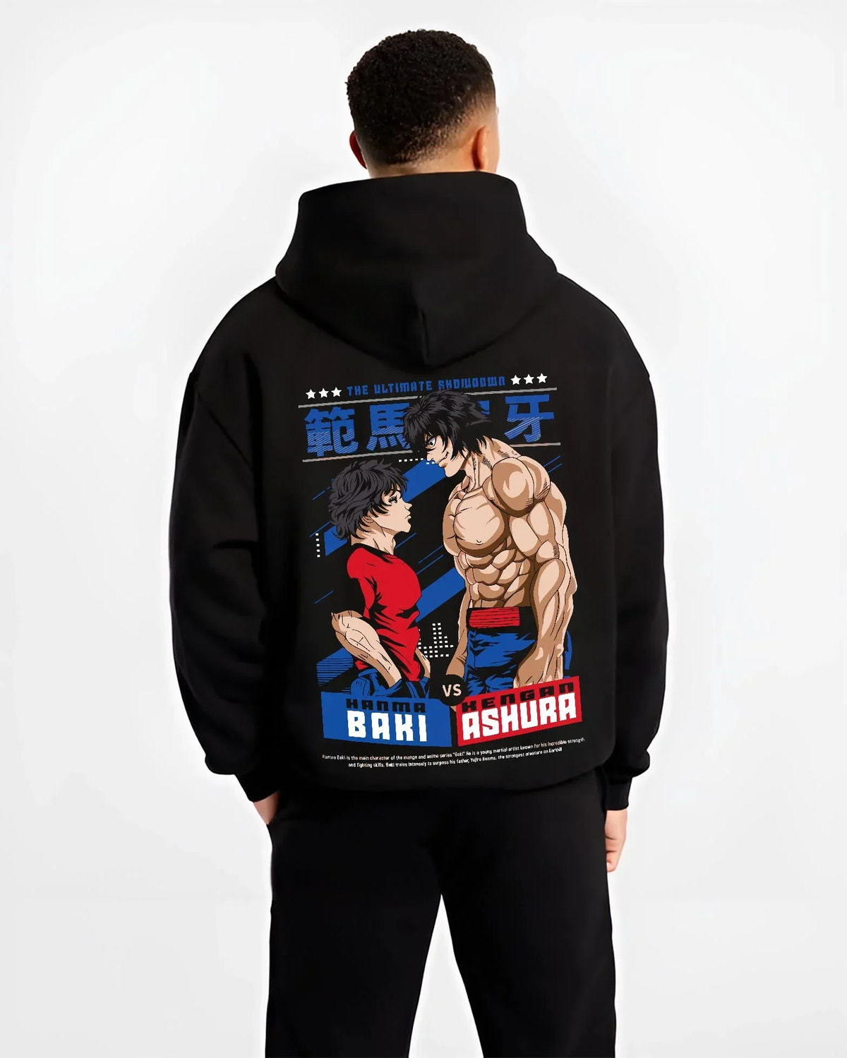 Black hoodie worn by male model, back view with Baki Fighters Hoodie Baki vs Kengan Ashura Battle Pose graphic premium wear.