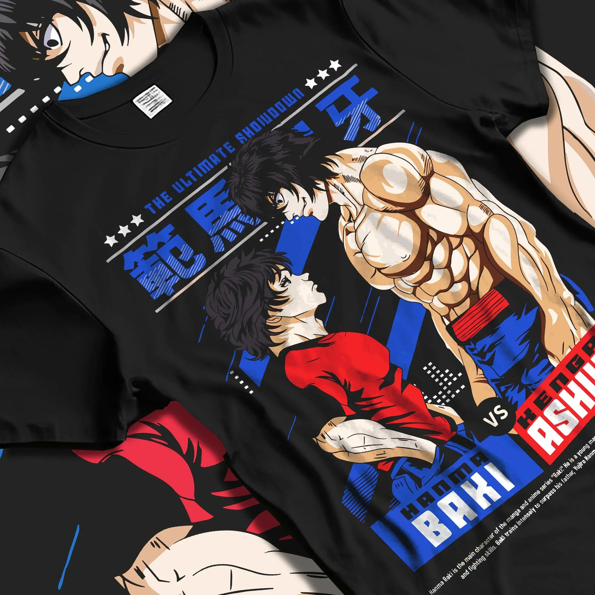 Black T-shirt laid flat with natural folds with Baki Fighters Hoodie Baki vs Kengan Ashura Battle Pose graphic streetwear graphic.