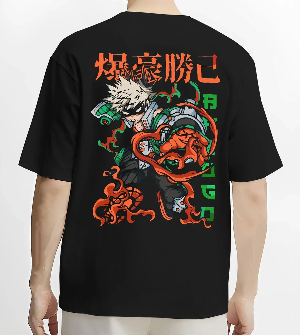Black T-shirt worn by male model, back view with Bakugo Power Hoodie My Hero Academia Inferno Battle graphic streetwear graphic.