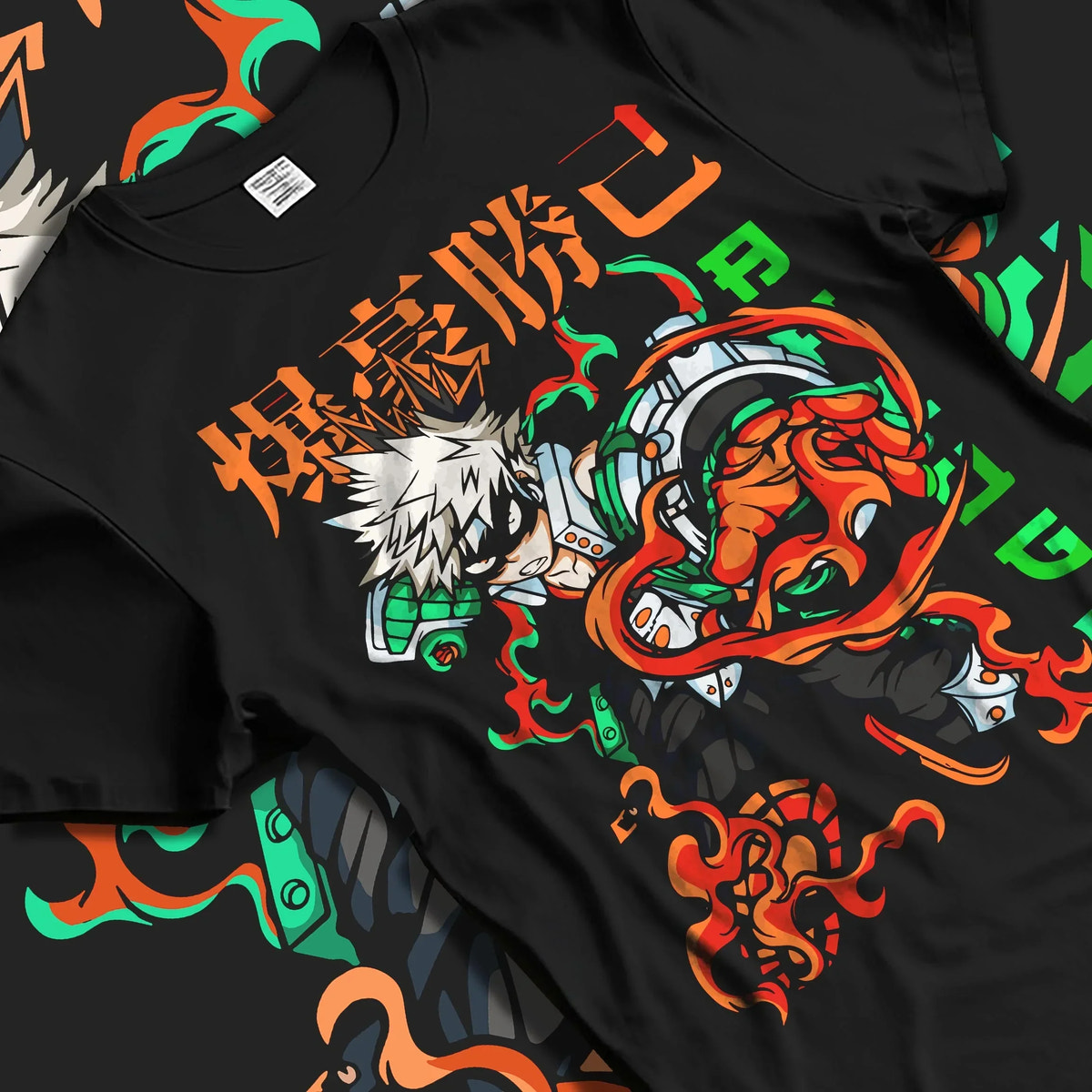 Black T-shirt laid flat with natural folds with Bakugo Power Hoodie My Hero Academia Inferno Battle graphic premium wear.