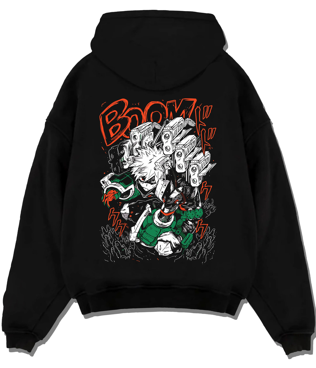 Black hoodie flat back view showing Izuku Midoriya from My Hero Academia: One For All