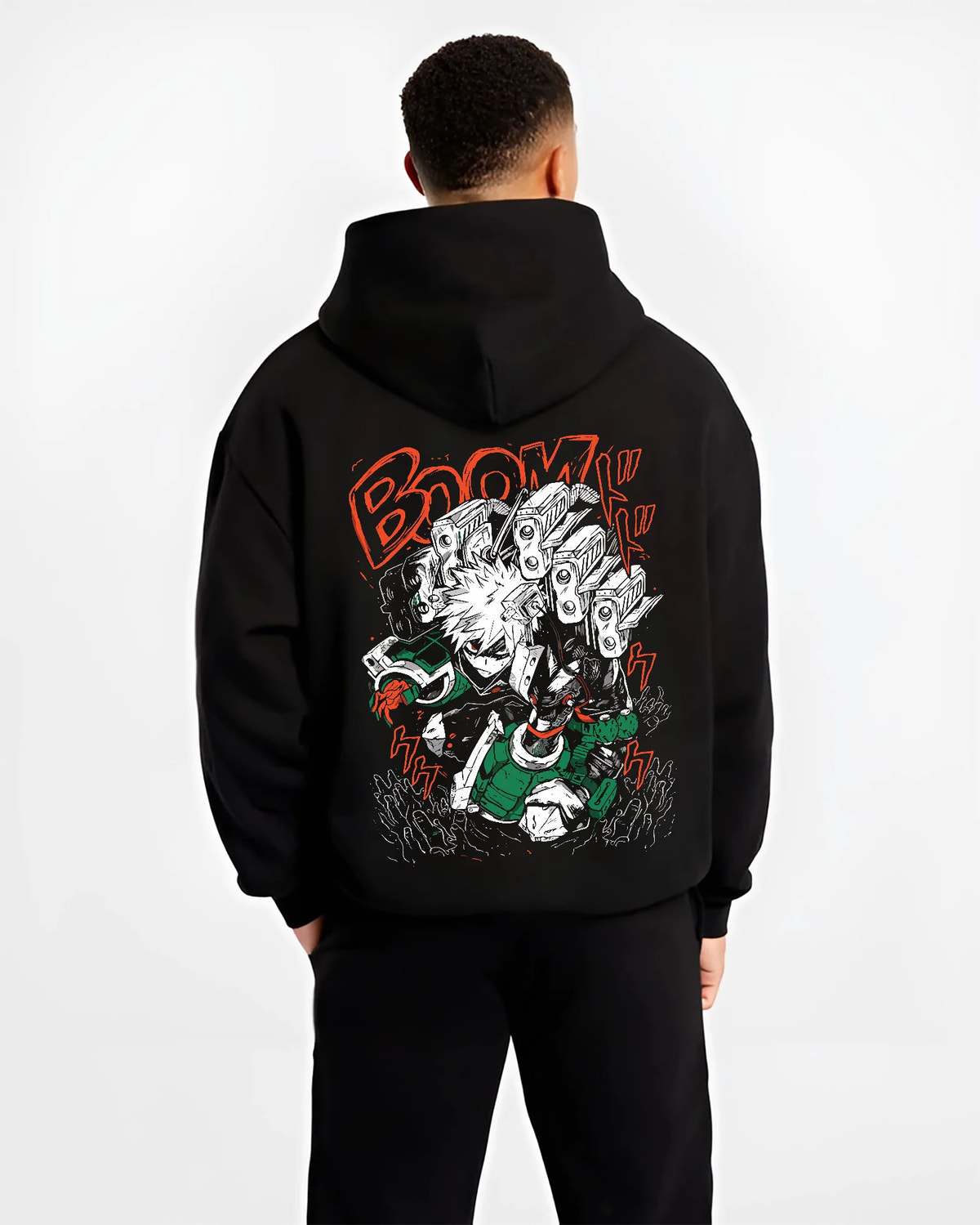 Black hoodie model back view showing Izuku Midoriya from My Hero Academia: One For All