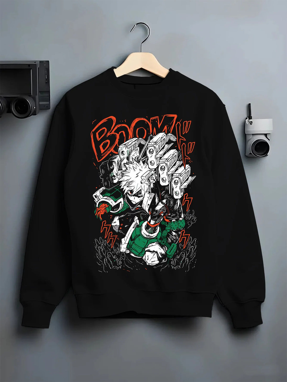 Black crewneck sweatshirt on hanger showing Izuku Midoriya from My Hero Academia: One For All