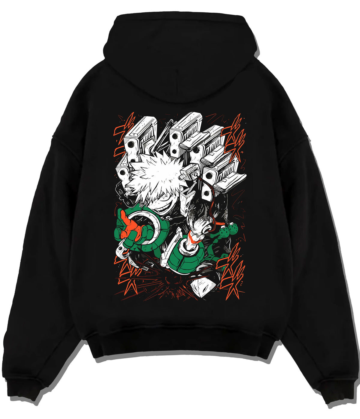 Black hoodie flat back view showing Katsuki Bakugo from My Hero Academia: hero costume, action