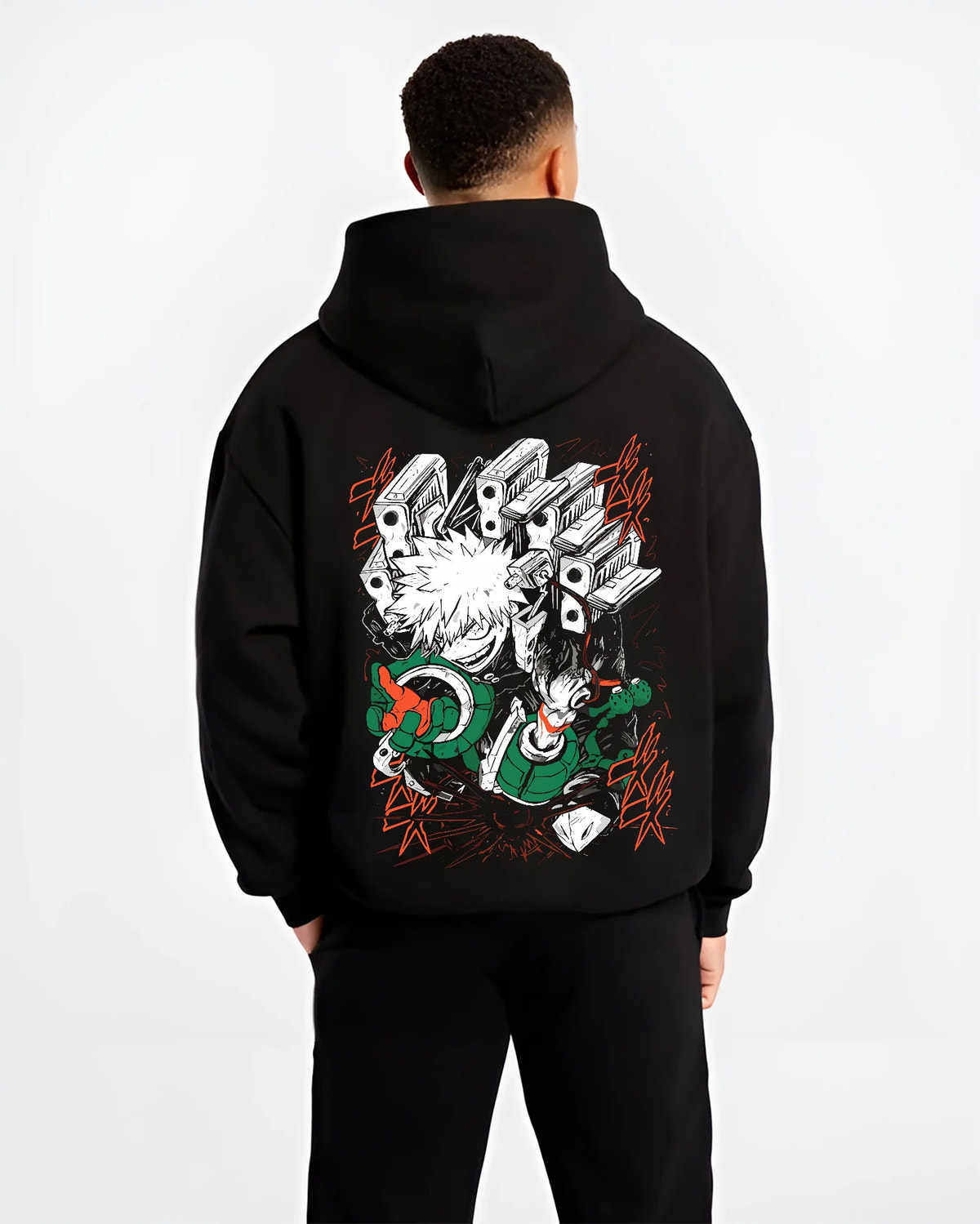 Black hoodie model back view showing Katsuki Bakugo from My Hero Academia: hero costume, action