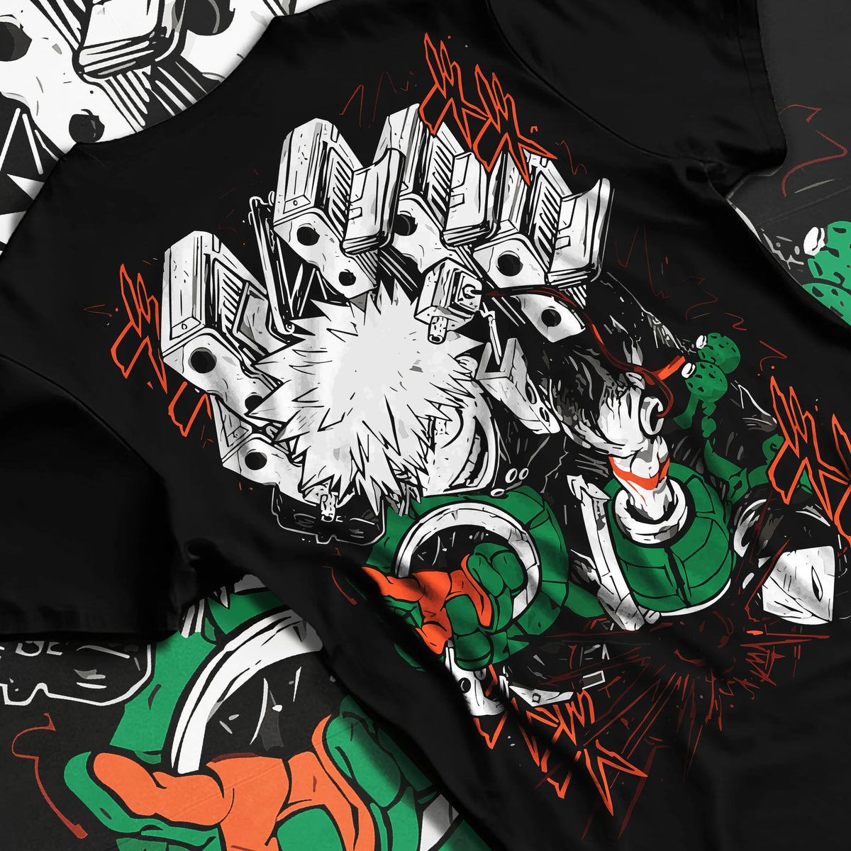 Black T-shirt flat back view showing Katsuki Bakugo from My Hero Academia: hero costume, action
