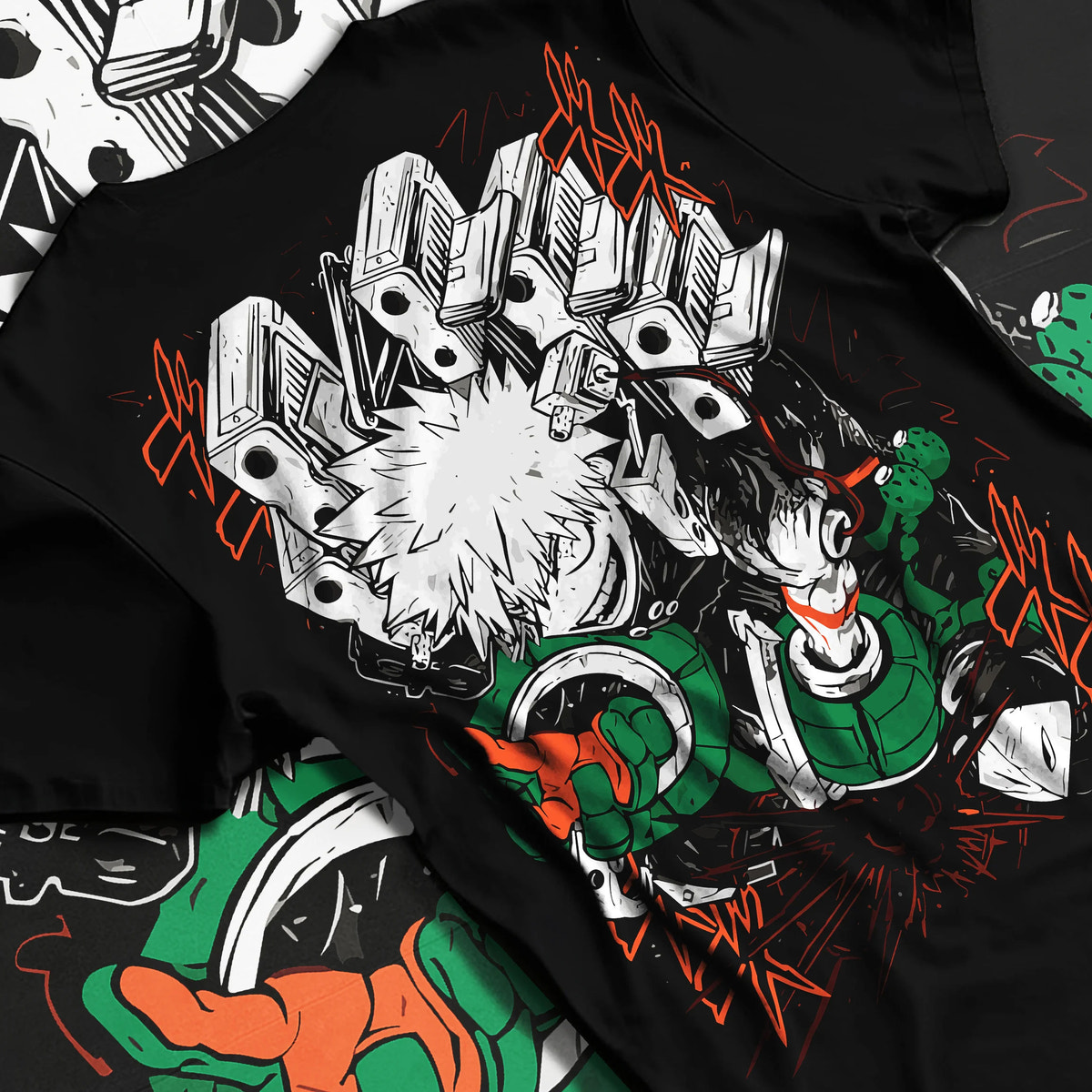 Black T-shirt flat back view showing Katsuki Bakugo from My Hero Academia: hero costume, action