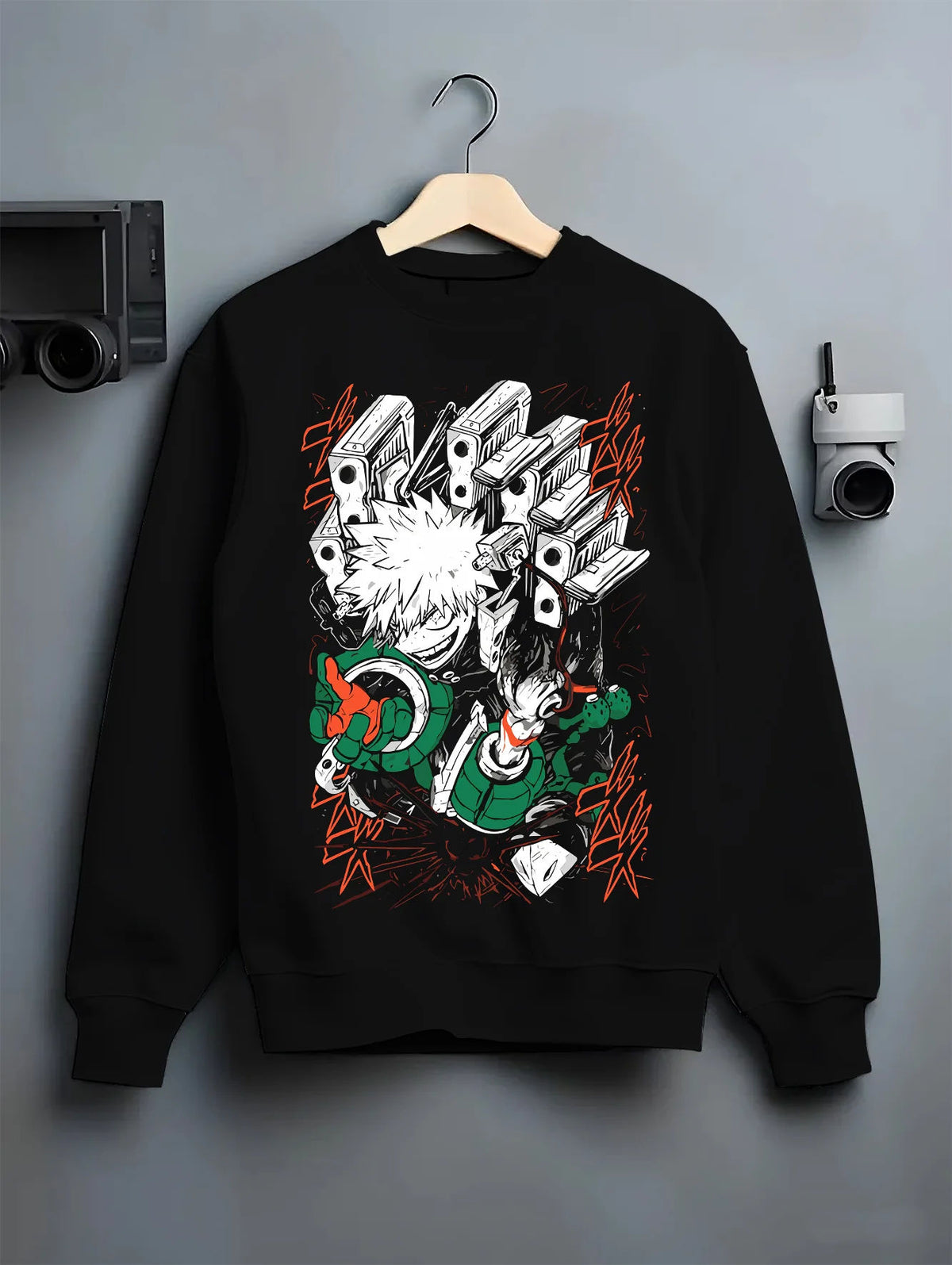 Black crewneck sweatshirt on hanger showing Katsuki Bakugo from My Hero Academia: hero costume, action