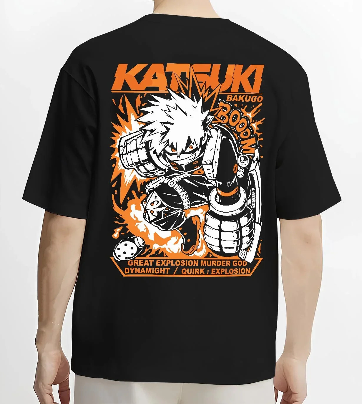 Black T-shirt worn by male model, back view with Bakugo Dynamight Hoodie My Hero Academia Quirk Power graphic streetwear graphic.