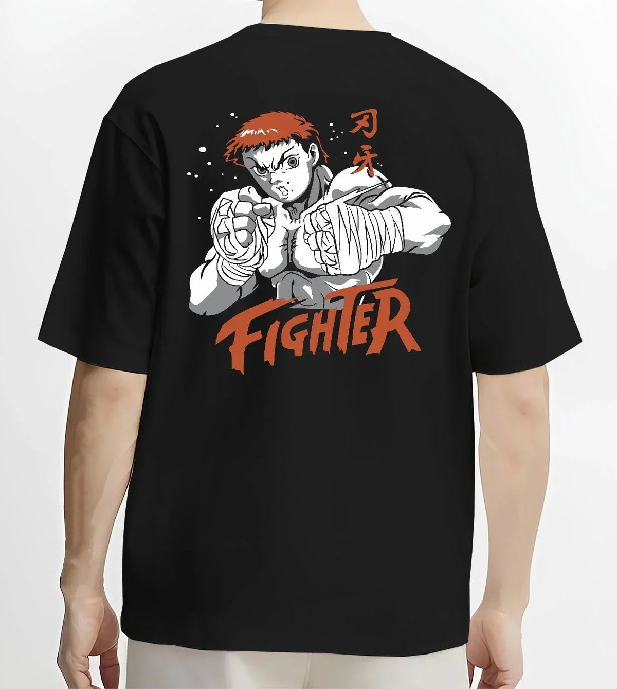 Black T-shirt worn by male model, back view with Baki Hanma Hoodie Grappler Baki Fighter Ring Stance graphic streetwear graphic.