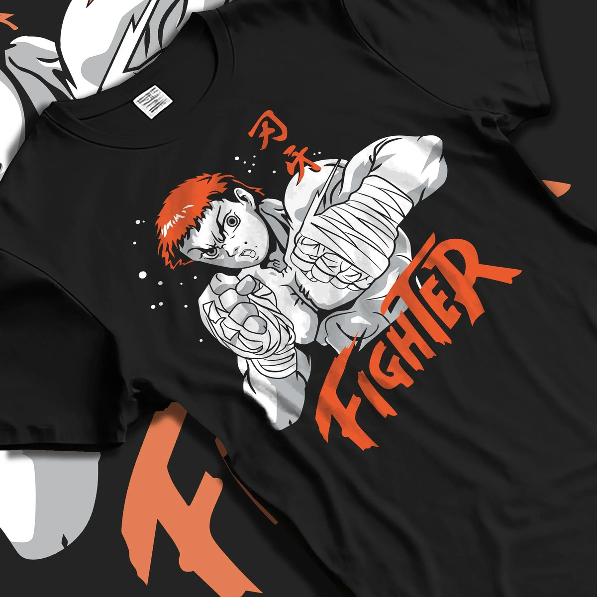 Black T-shirt laid flat with natural folds with Baki Hanma Hoodie Grappler Baki Fighter Ring Stance graphic premium wear.