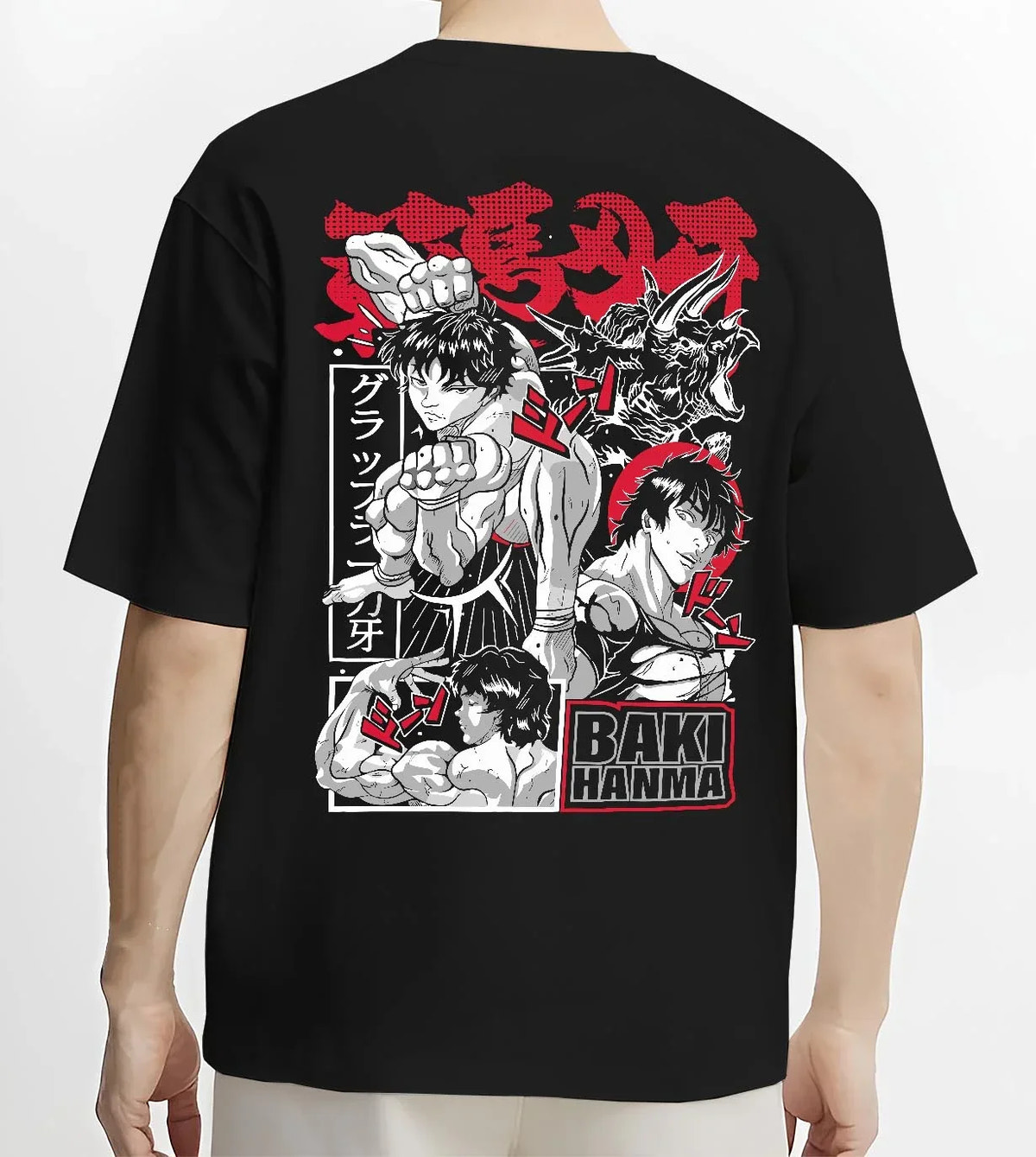 Black T-shirt worn by male model, back view with Baki vs Bakugo Hoodie Crossover Hero Fighting Poster graphic bold anime graphic.