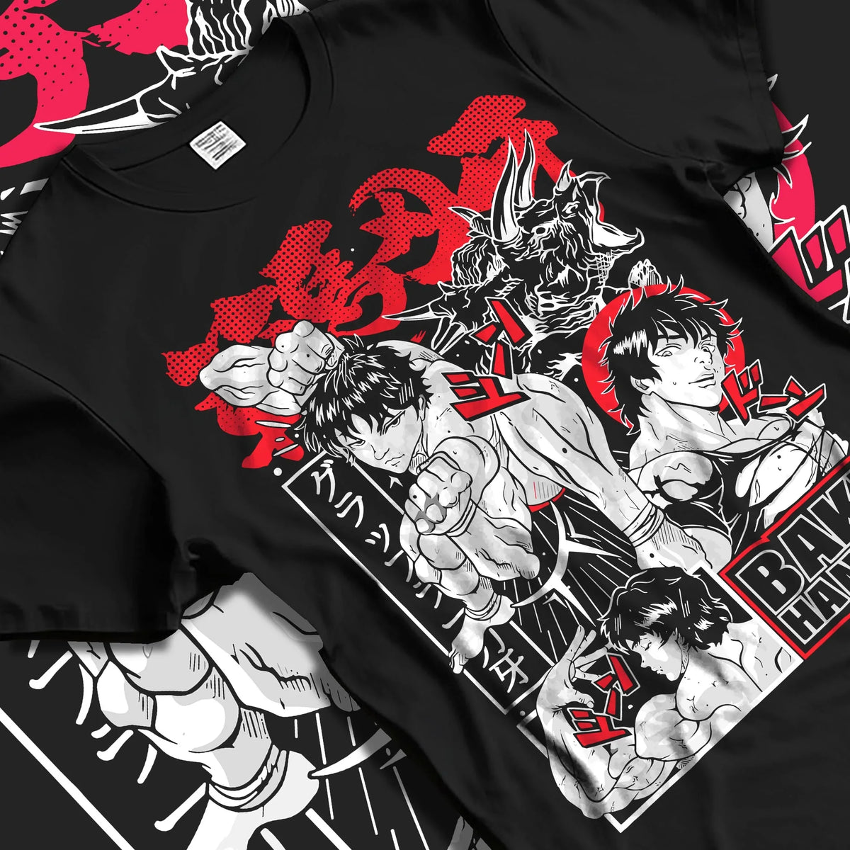 Black T-shirt laid flat with natural folds with Baki vs Bakugo Hoodie Crossover Hero Fighting Poster graphic streetwear graphic.