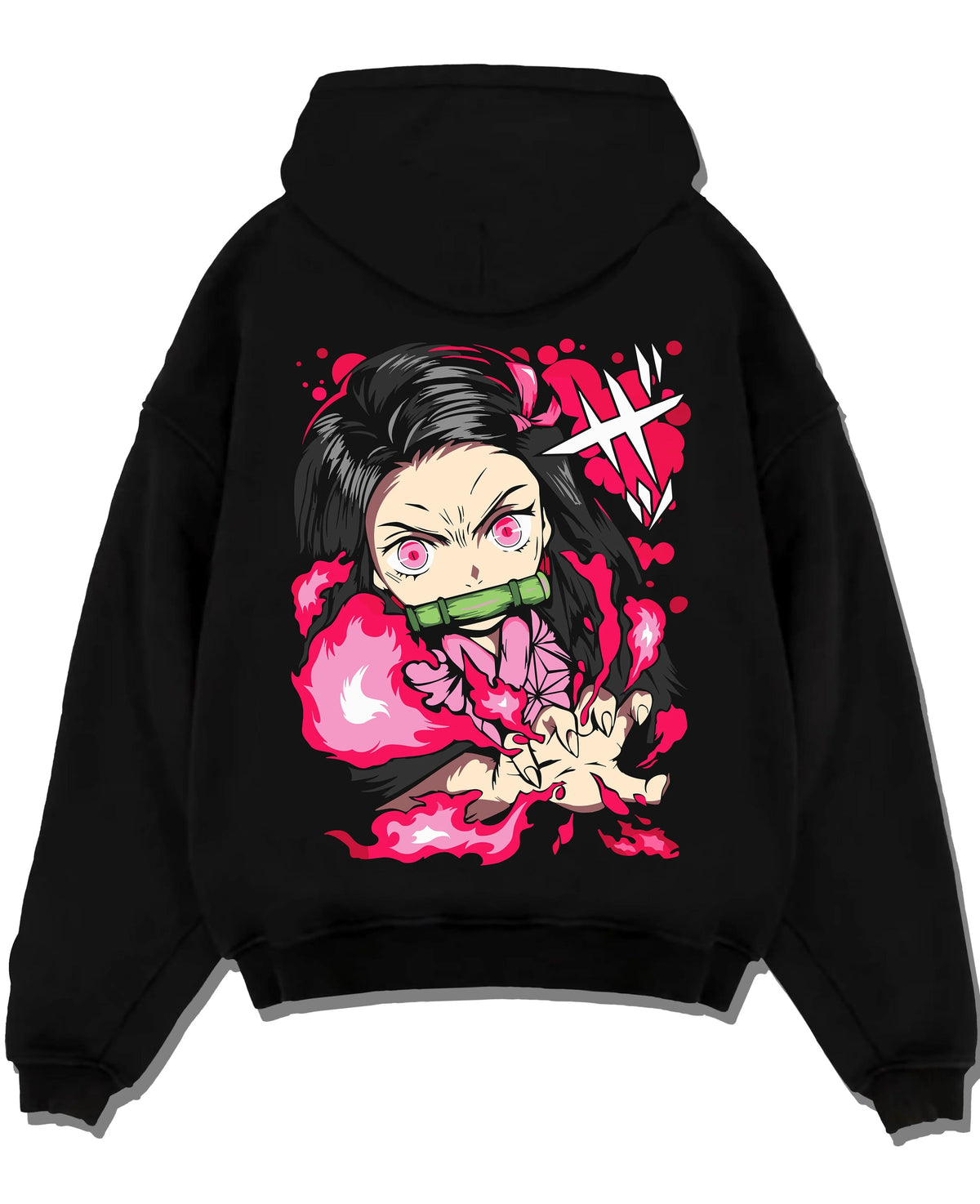 Black hoodie laid flat featuring Nezuko Kamado Demon Slayer blood art artwork with bold anime graphic print.
