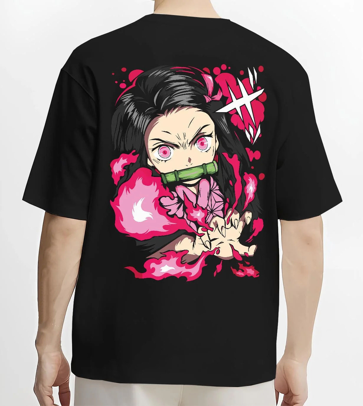 Black T-shirt worn by male model from the back featuring Nezuko Kamado Demon Slayer blood art artwork.