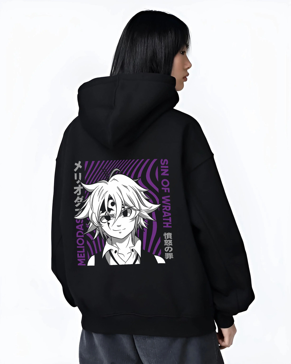 Black hoodie worn by female model from the back featuring Ban Fox Sin Seven Deadly Sins artwork.