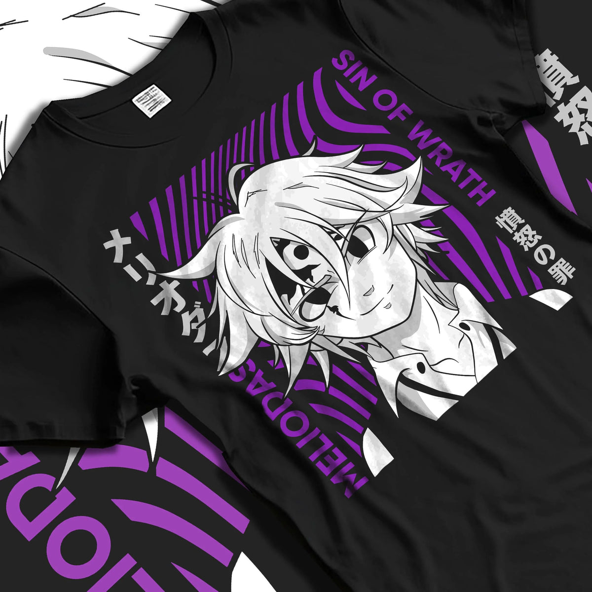 Black T-shirt laid flat with natural folds featuring Ban Fox Sin Seven Deadly Sins artwork.