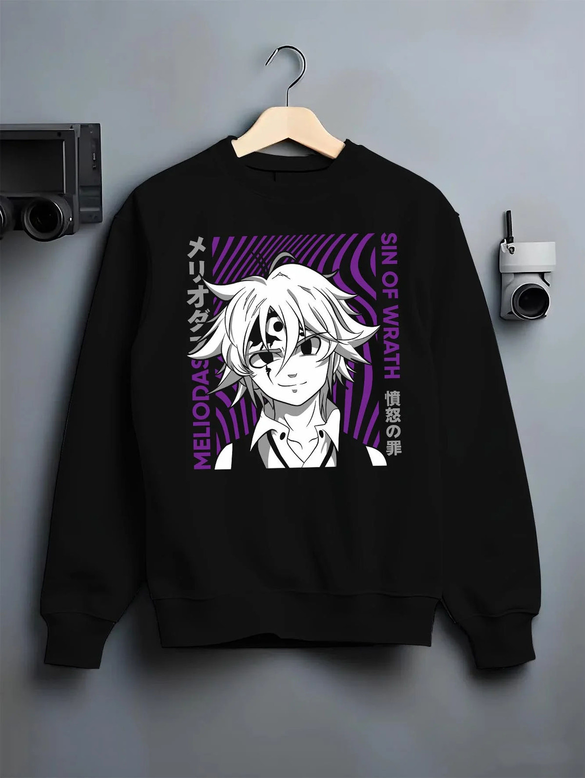 Black crewneck sweatshirt on hanger featuring Ban Fox Sin Seven Deadly Sins artwork.