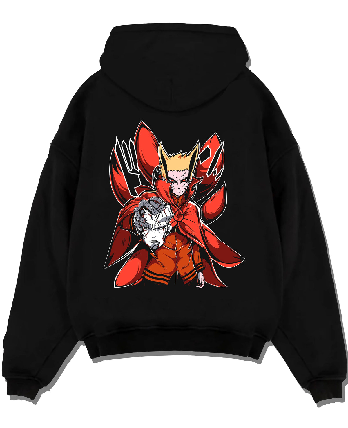 Black hoodie laid flat featuring Naruto Baryon Mode Kurama power artwork with bold anime graphic print.