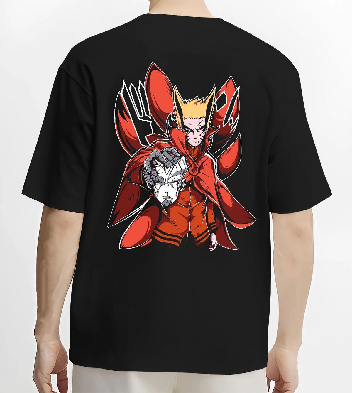 Black T-shirt worn by male model from the back featuring Naruto Baryon Mode Kurama power artwork.