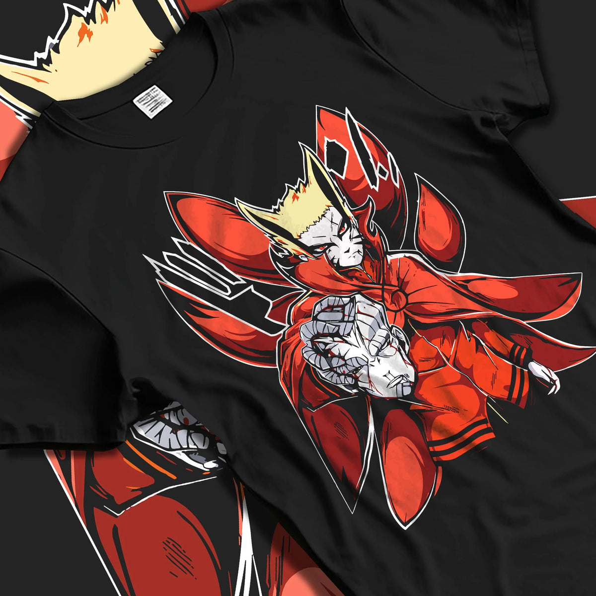 Black T-shirt laid flat with natural folds featuring Naruto Baryon Mode Kurama power artwork.