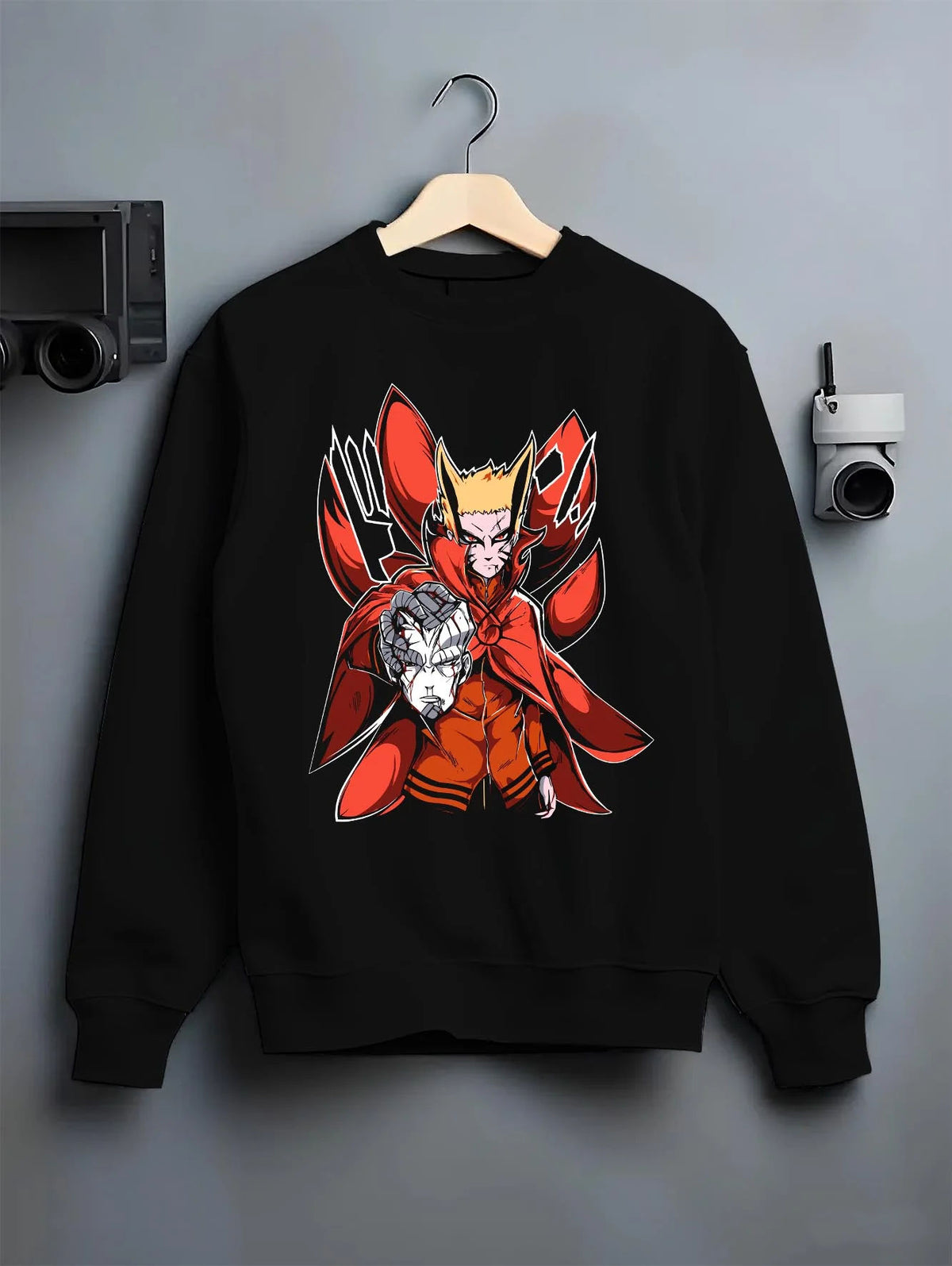 Black crewneck sweatshirt on hanger featuring Naruto Baryon Mode Kurama power artwork.