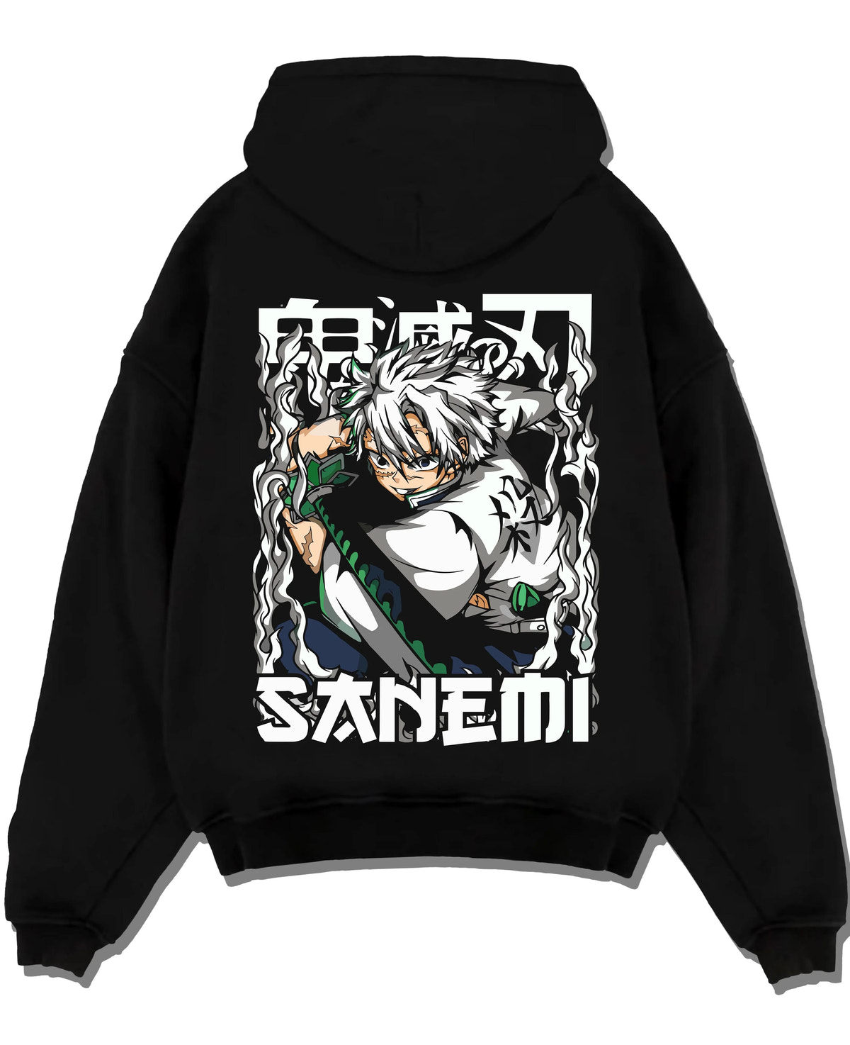 Black hoodie laid flat featuring Sanemi Shinazugawa battle-worn Demon Slayer artwork with bold anime graphic print.