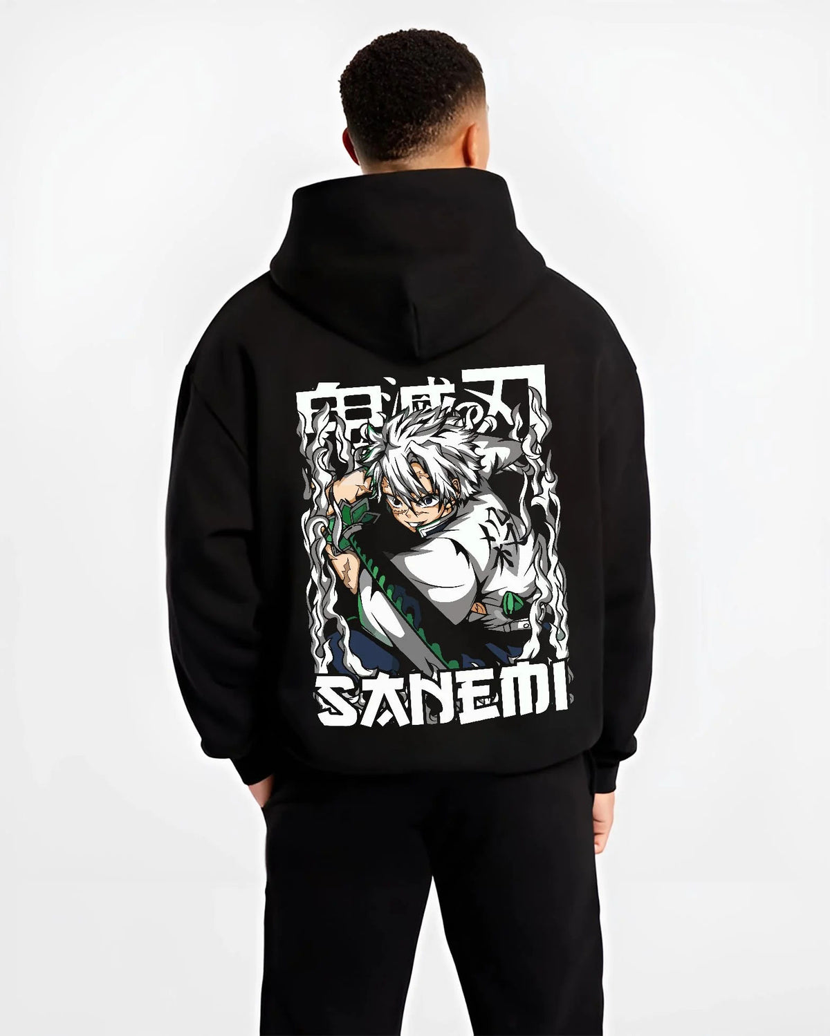 Black hoodie worn by male model from the back featuring Sanemi Shinazugawa battle-worn Demon Slayer artwork.