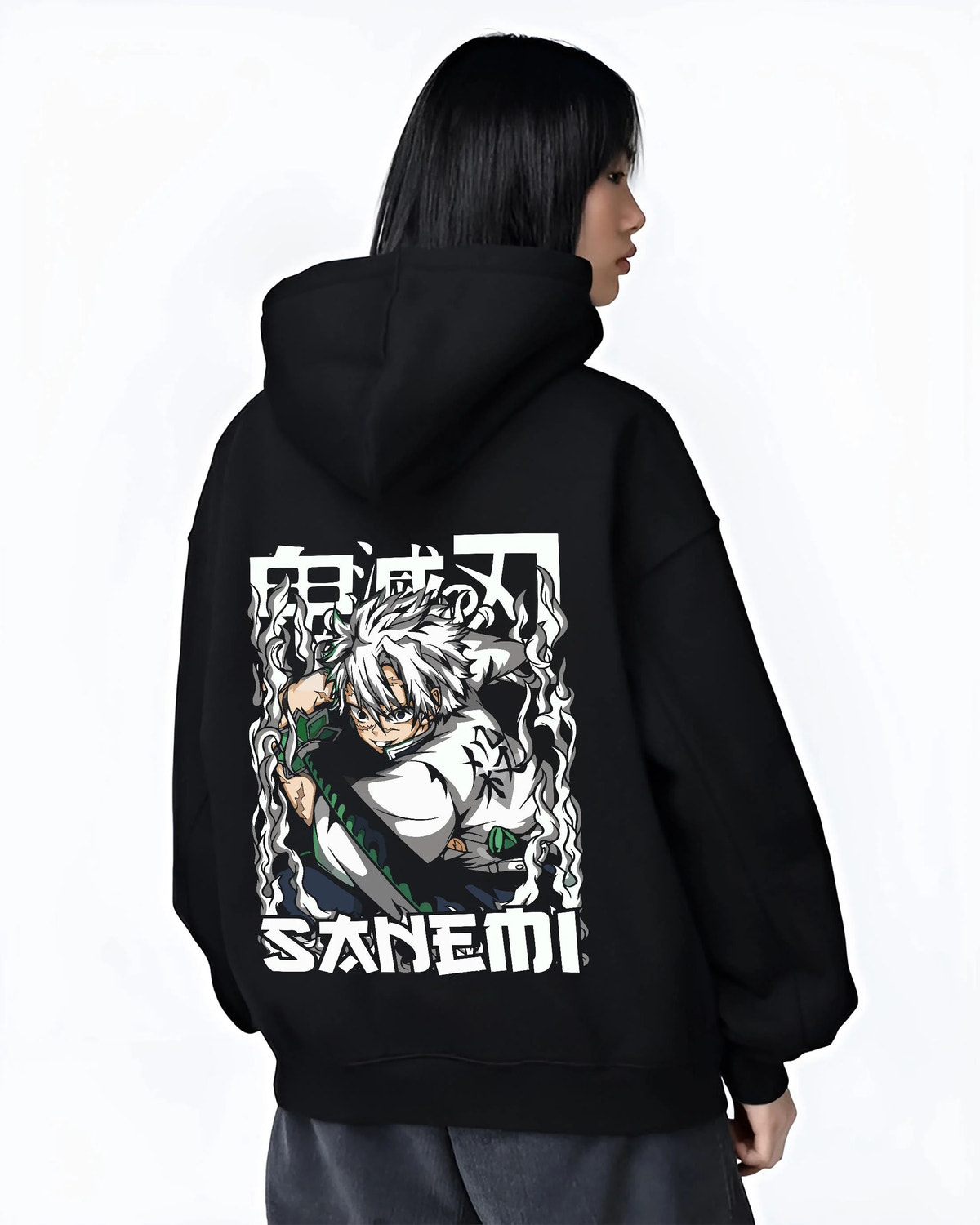Black hoodie worn by female model from the back featuring Sanemi Shinazugawa battle-worn Demon Slayer artwork.