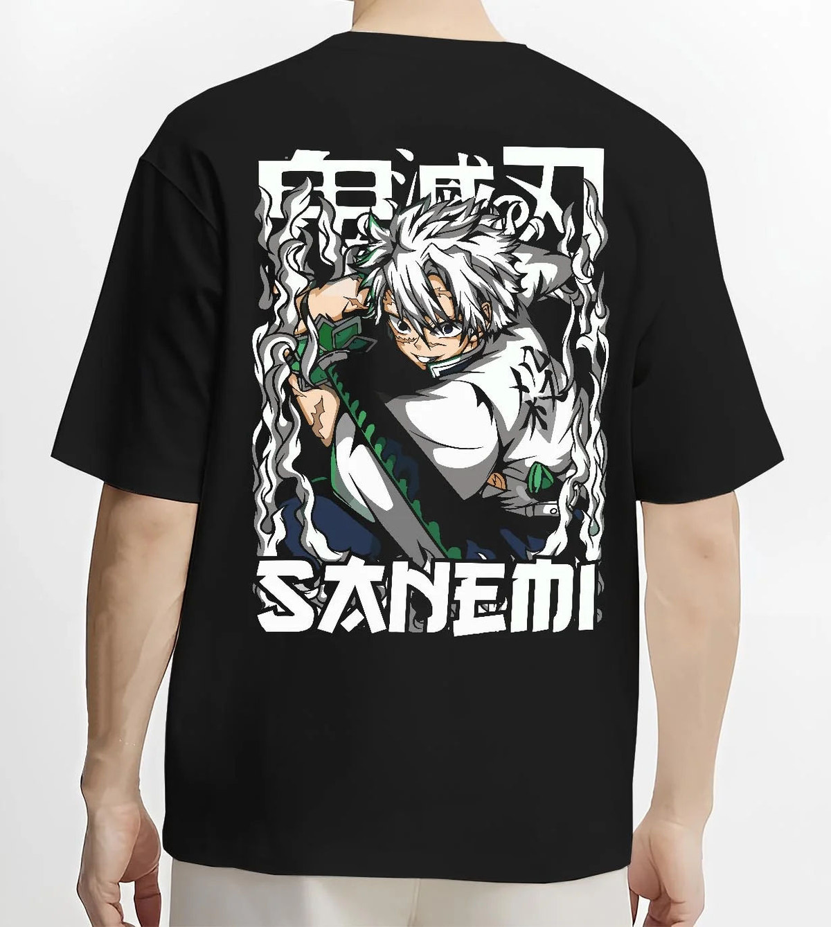 Black T-shirt worn by male model from the back featuring Sanemi Shinazugawa battle-worn Demon Slayer artwork.