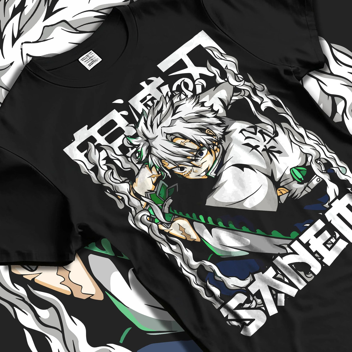 Black T-shirt laid flat with natural folds featuring Sanemi Shinazugawa battle-worn Demon Slayer artwork.