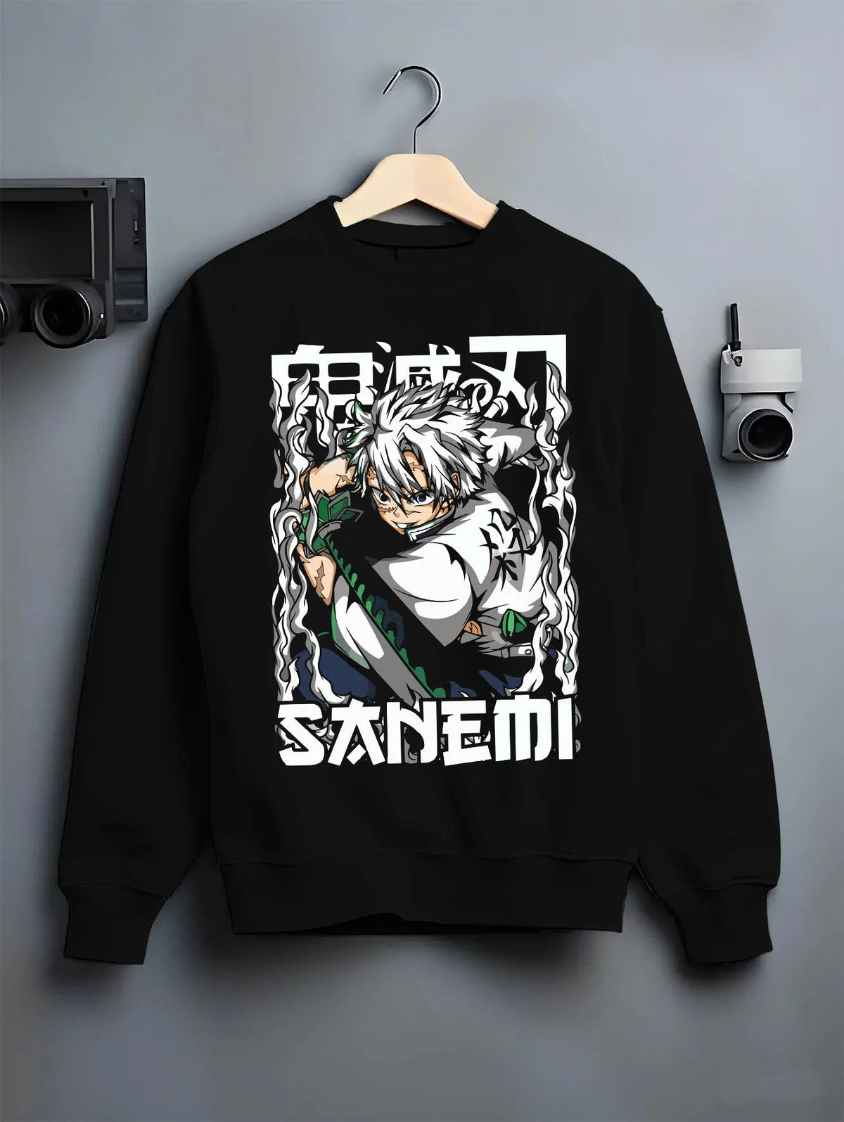 Black crewneck sweatshirt on hanger featuring Sanemi Shinazugawa battle-worn Demon Slayer artwork.