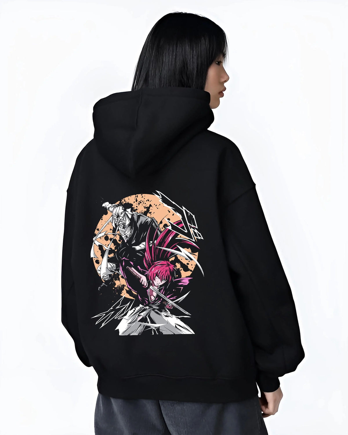 Black hoodie worn by female model from the back featuring Toshiro Hitsugaya Bleach battle slash artwork.
