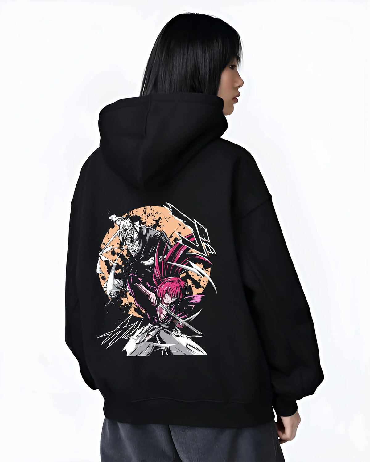 Black hoodie worn by female model from the back featuring Toshiro Hitsugaya Bleach battle slash artwork.