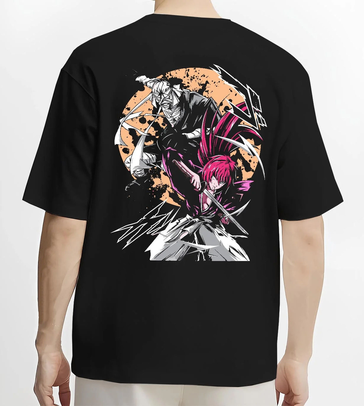 Black T-shirt worn by male model from the back featuring Toshiro Hitsugaya Bleach battle slash artwork.