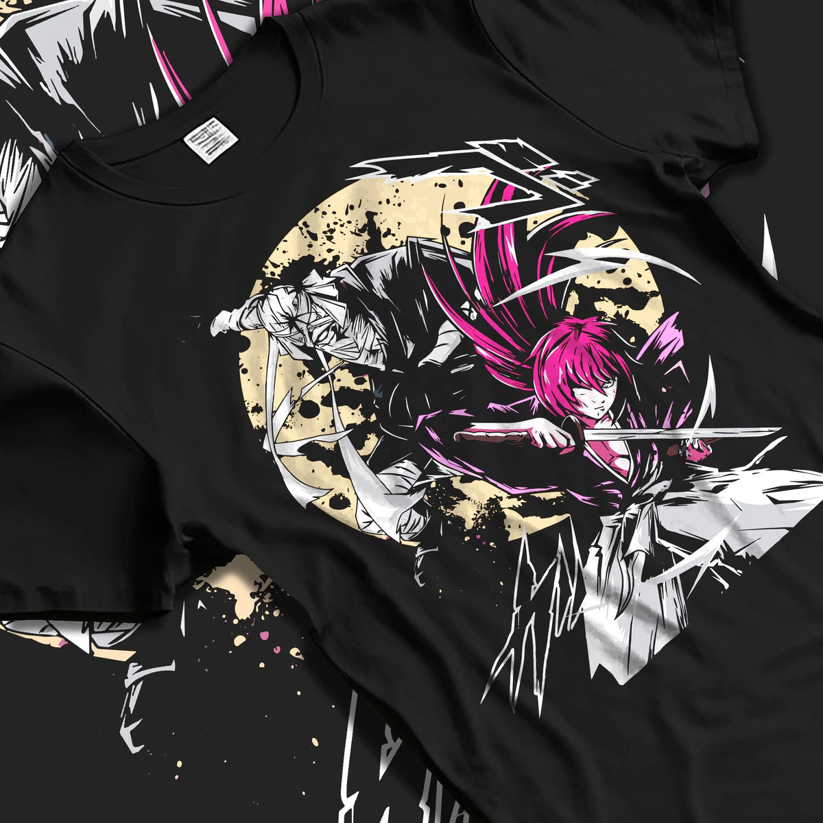 Black T-shirt laid flat with natural folds featuring Toshiro Hitsugaya Bleach battle slash artwork.
