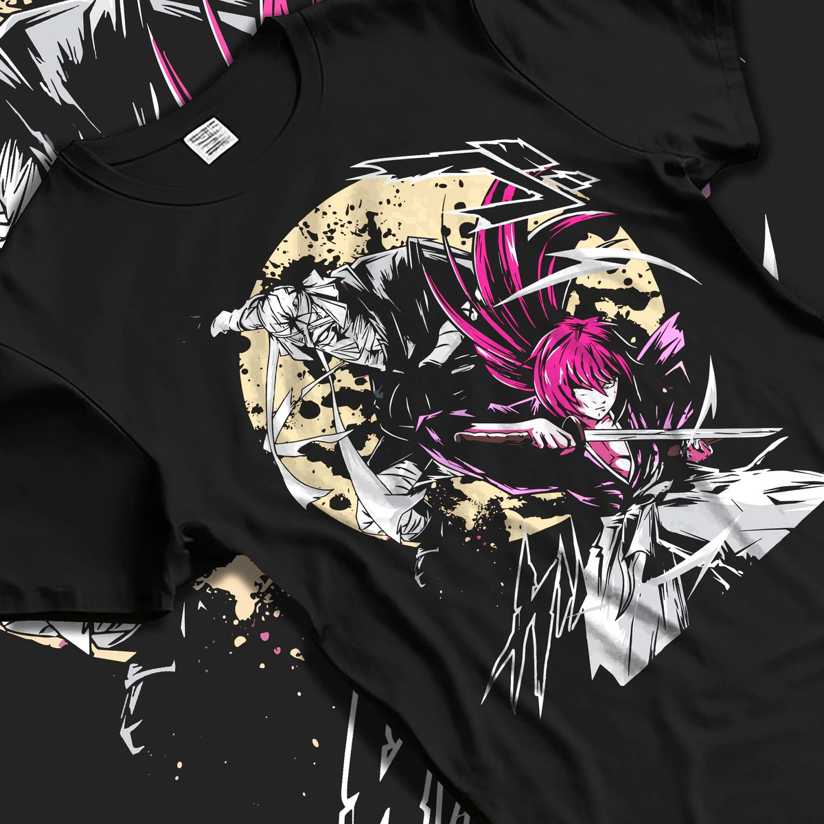Black T-shirt laid flat with natural folds featuring Toshiro Hitsugaya Bleach battle slash artwork.