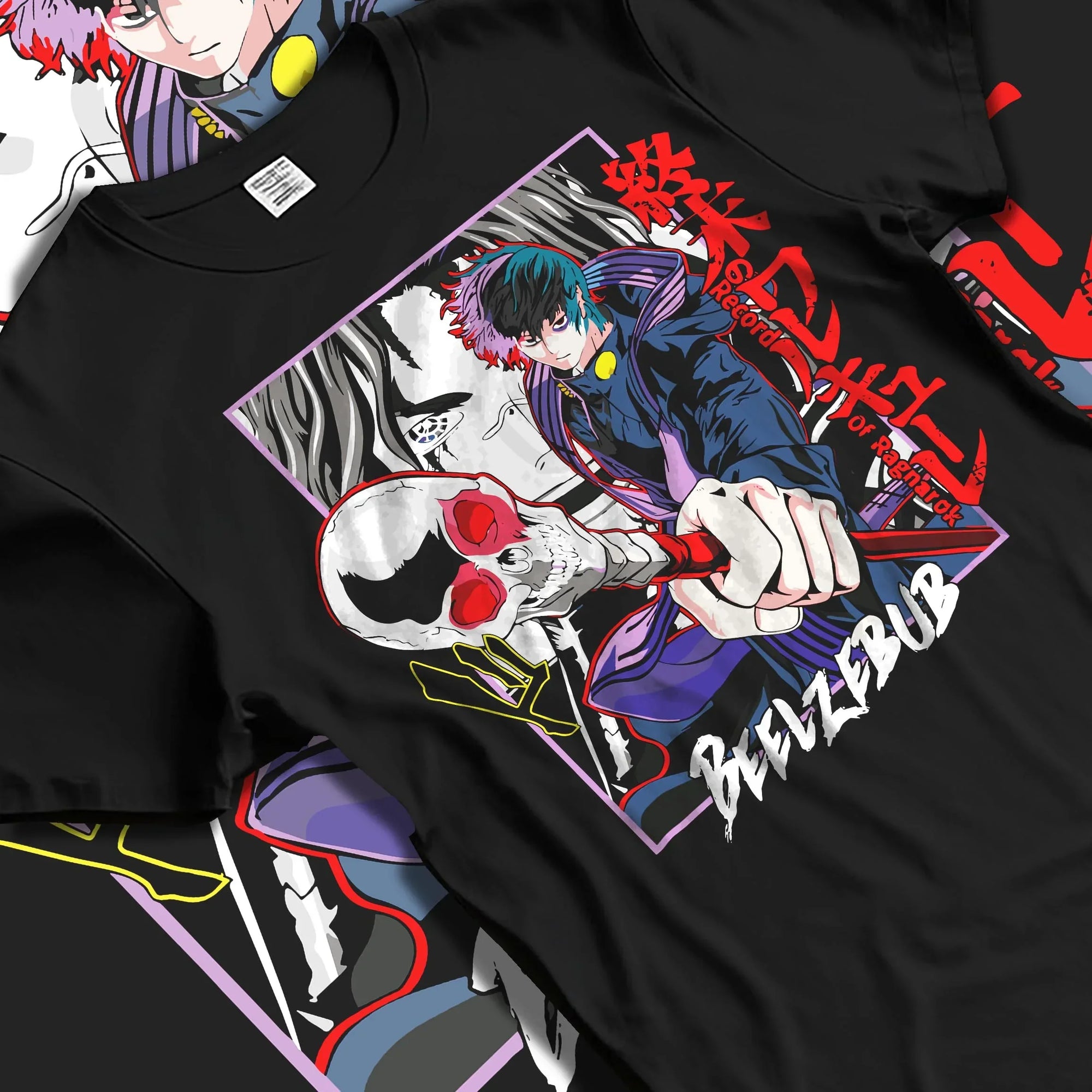 Black T-shirt laid flat with natural folds with Beelzebub Hoodie Retro Anime Demon King Red Flame graphic bold anime graphic.