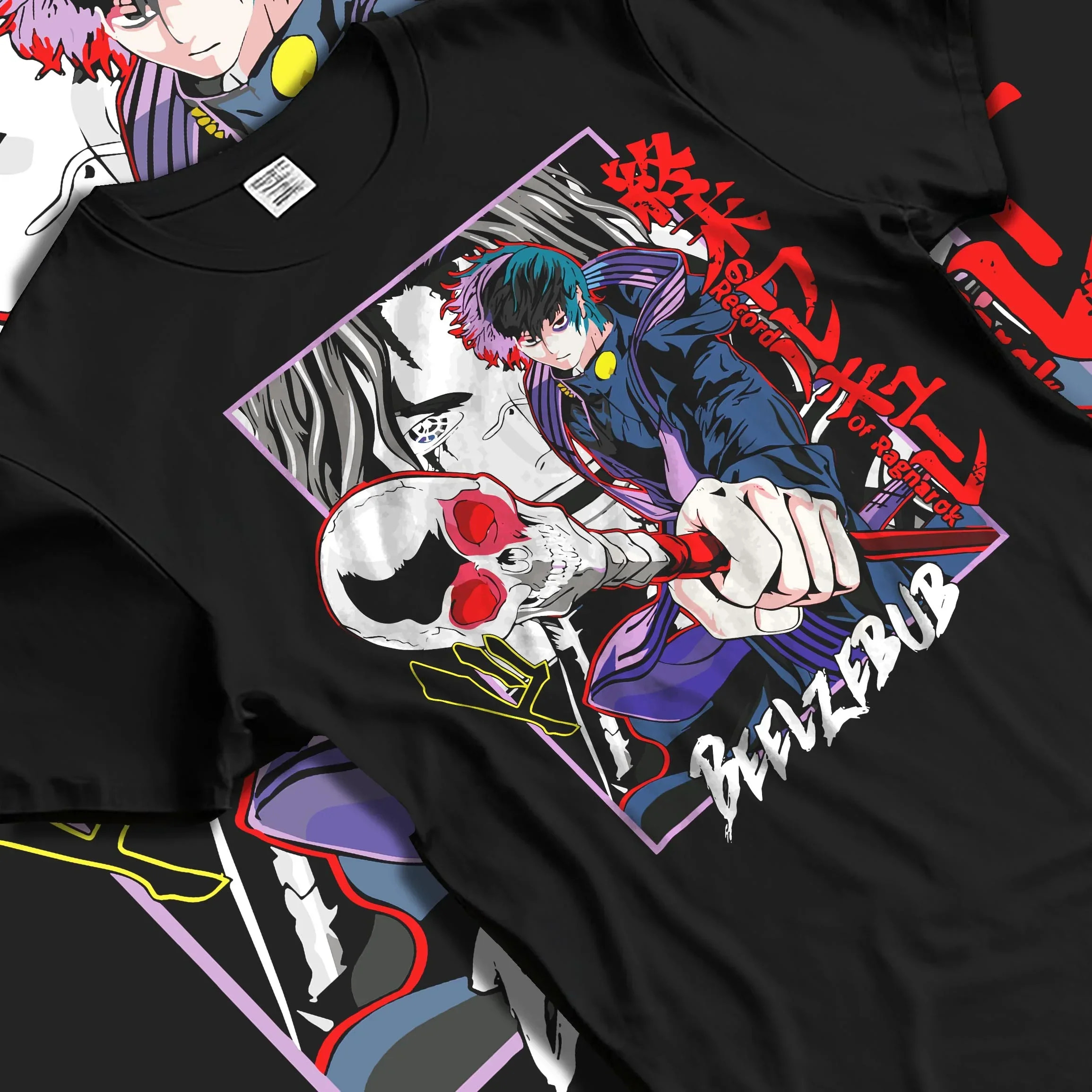 Black T-shirt laid flat with natural folds with Beelzebub Hoodie Retro Anime Demon King Red Flame graphic bold anime graphic.