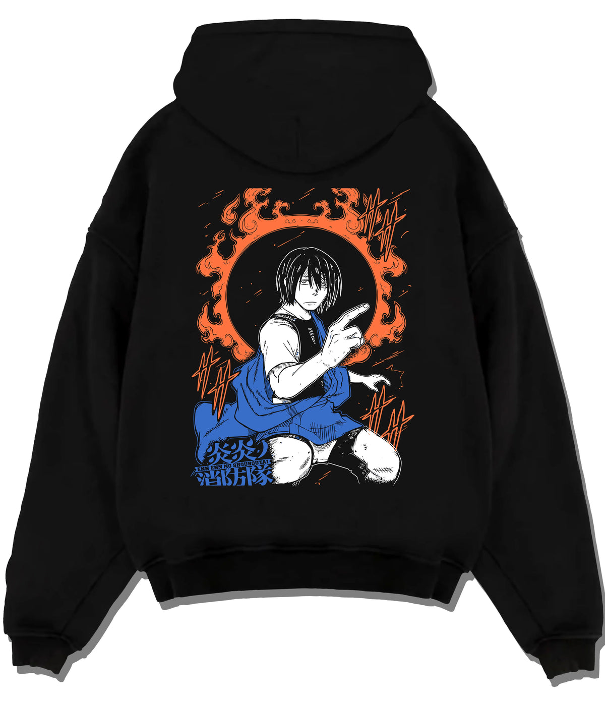 Black hoodie flat back view showing Benimaru Shinmon from Fire Force: ring of fire pose
