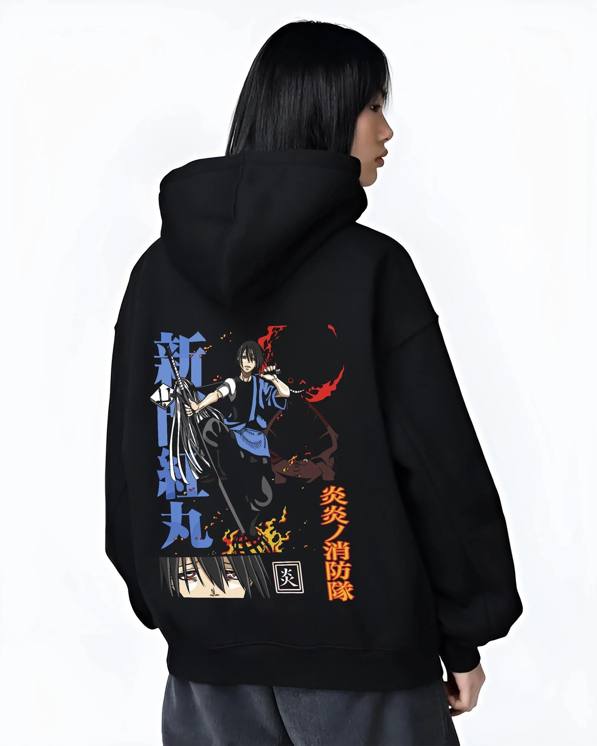 Black hoodie worn by female model, back view with Enma Kozato Hoodie Katekyo Hitman Reborn Blue Flames graphic streetwear graphic.