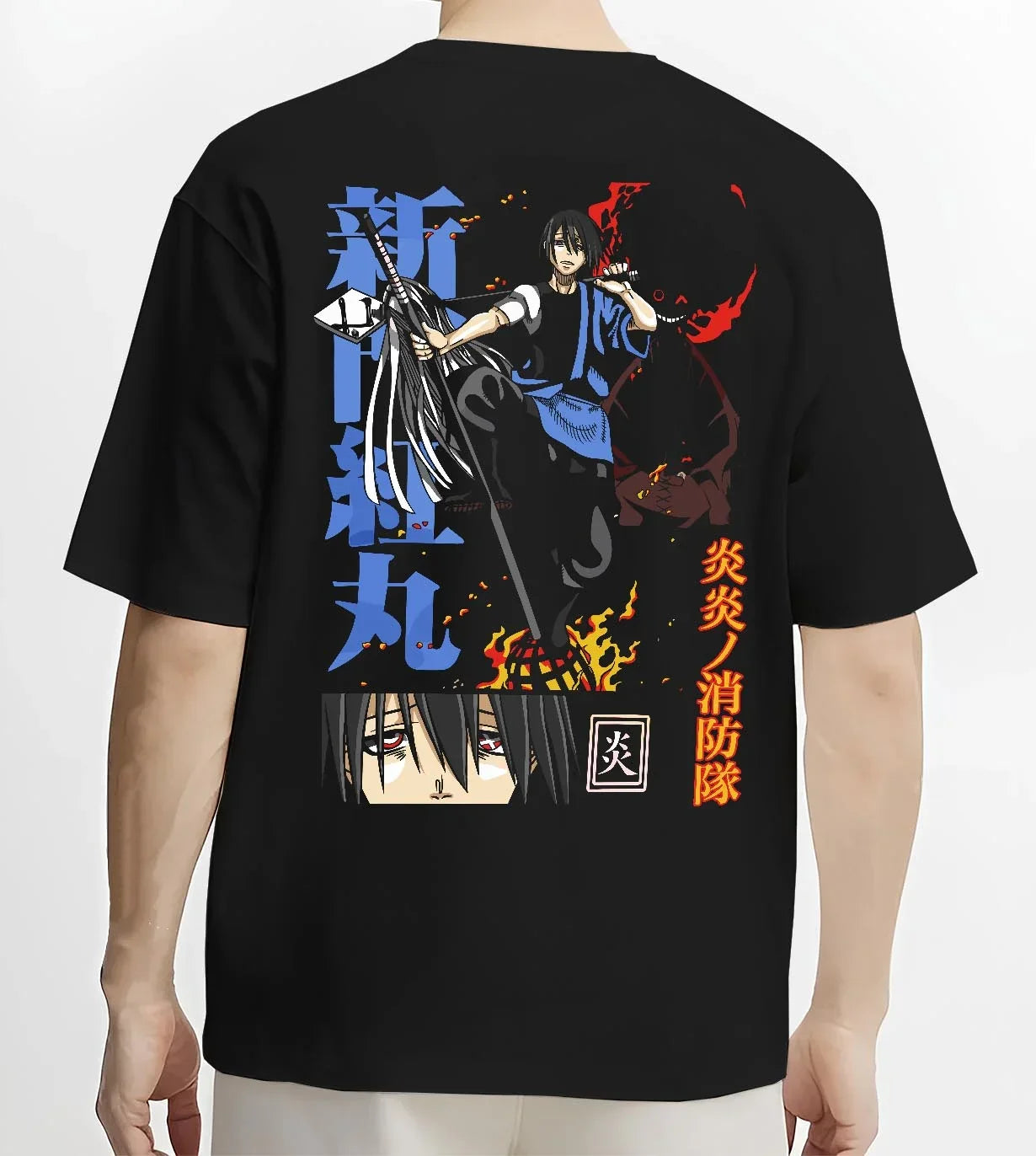 Black T-shirt worn by male model, back view with Enma Kozato Hoodie Katekyo Hitman Reborn Blue Flames graphic premium wear.
