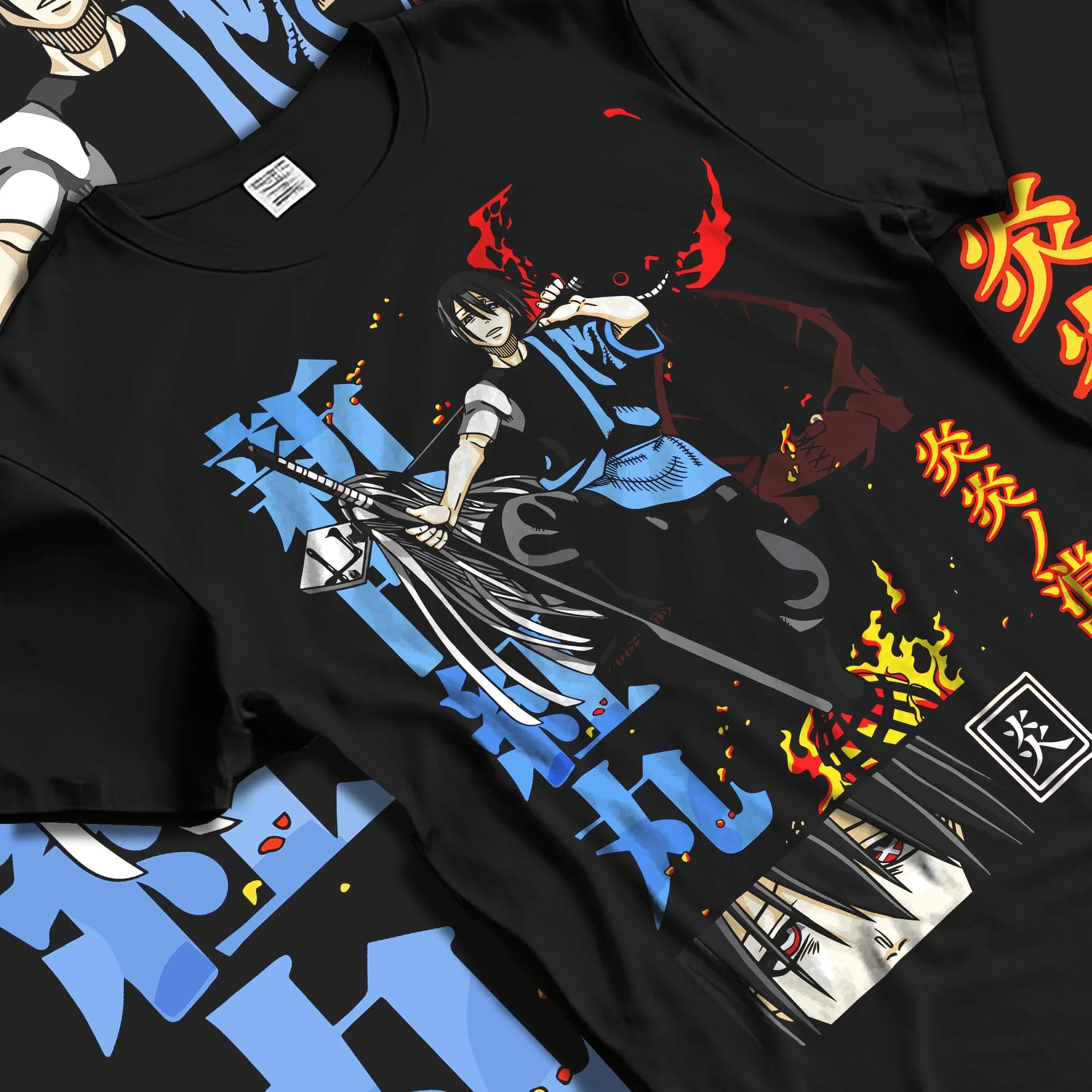Black T-shirt laid flat with natural folds with Enma Kozato Hoodie Katekyo Hitman Reborn Blue Flames graphic streetwear graphic.
