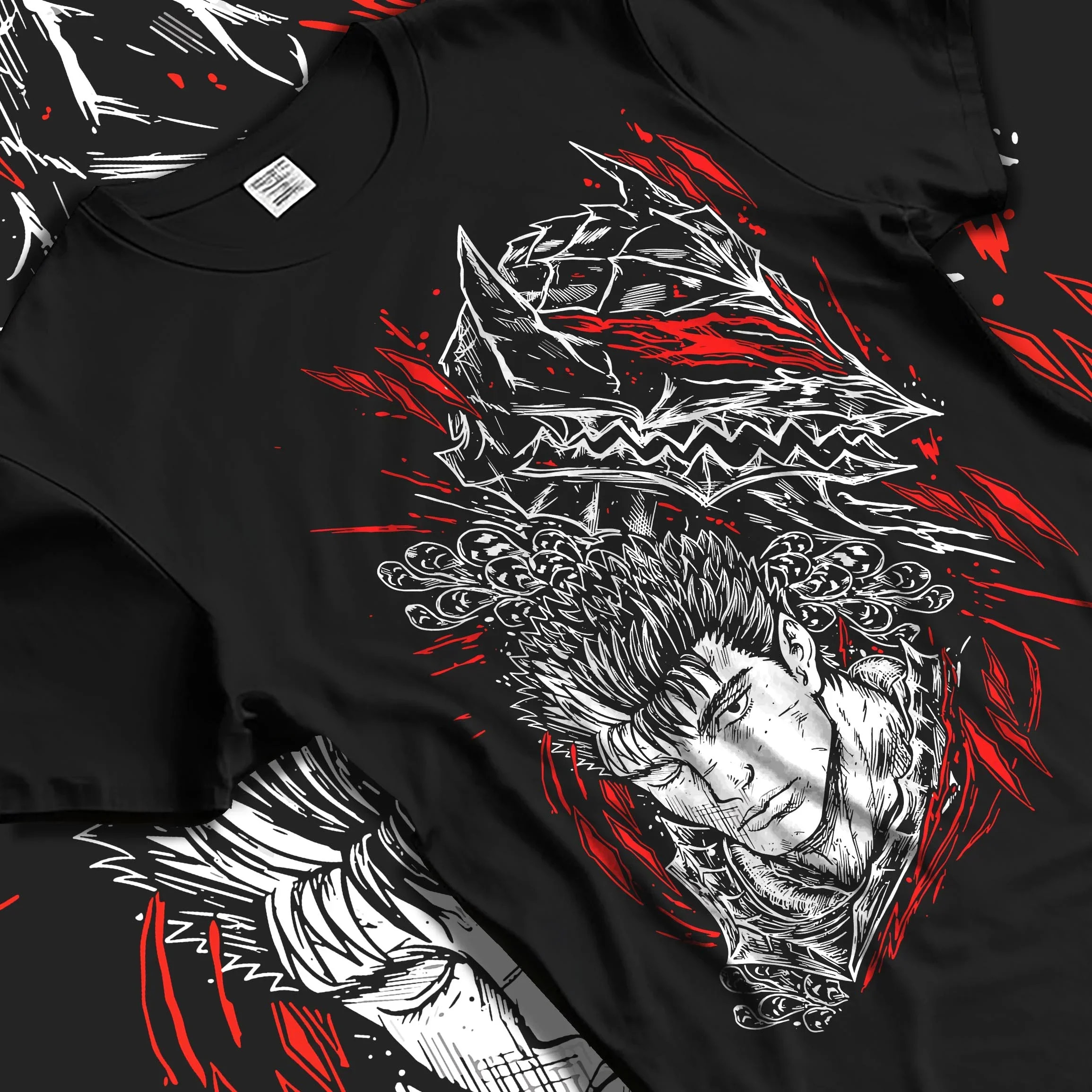 Black T-shirt laid flat with natural folds with Guts Berserk Hoodie Eclipse Skull Knight Dark Battle graphic premium wear.