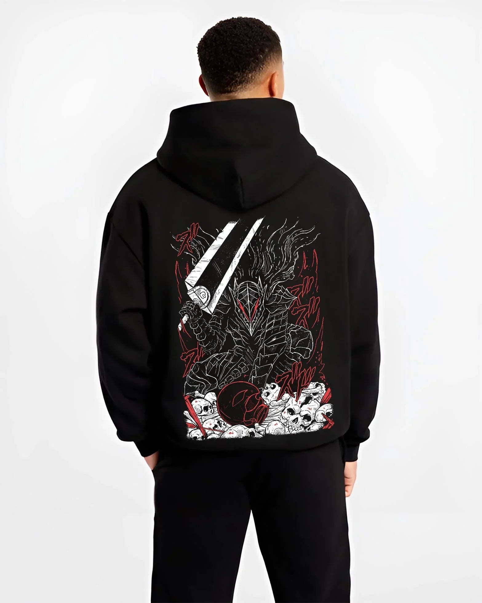 Black hoodie worn by male model, back view with Berserk Eclipse Hoodie Dark Fantasy Bloody Eclipse graphic Guts anime design.