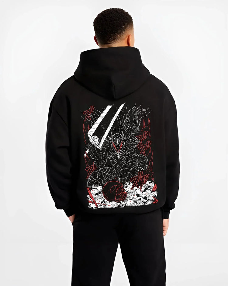 Black hoodie worn by male model, back view with Berserk Eclipse Hoodie Dark Fantasy Bloody Eclipse graphic Guts anime design.