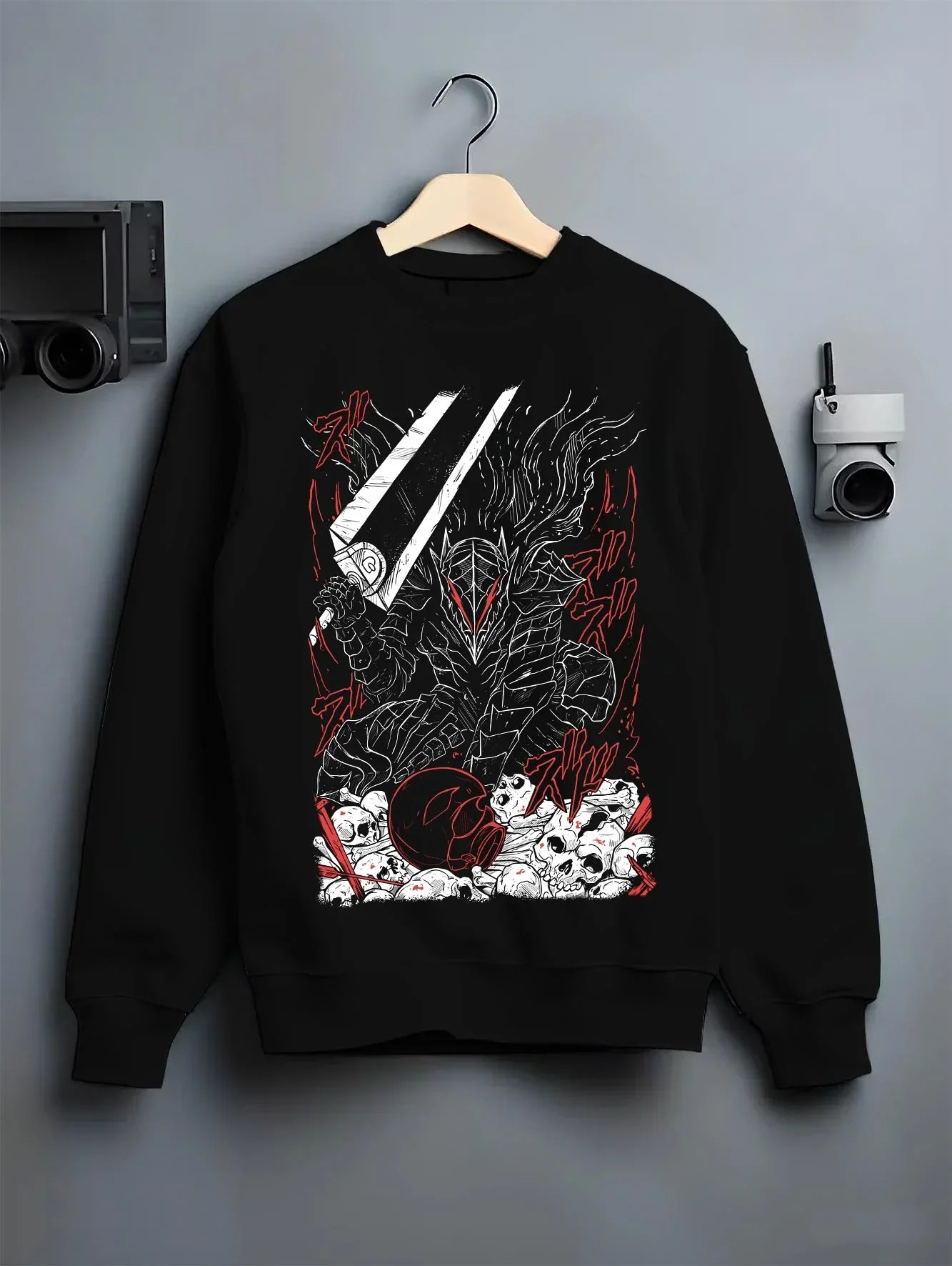 Black crewneck sweatshirt on hanger with Berserk Eclipse Hoodie Dark Fantasy Bloody Eclipse graphic streetwear graphic.