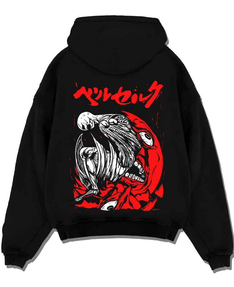 Black pullover hoodie laid flat with Berserk Skull Hoodie Behelit Eclipse Bloody Crimson graphic streetwear graphic.