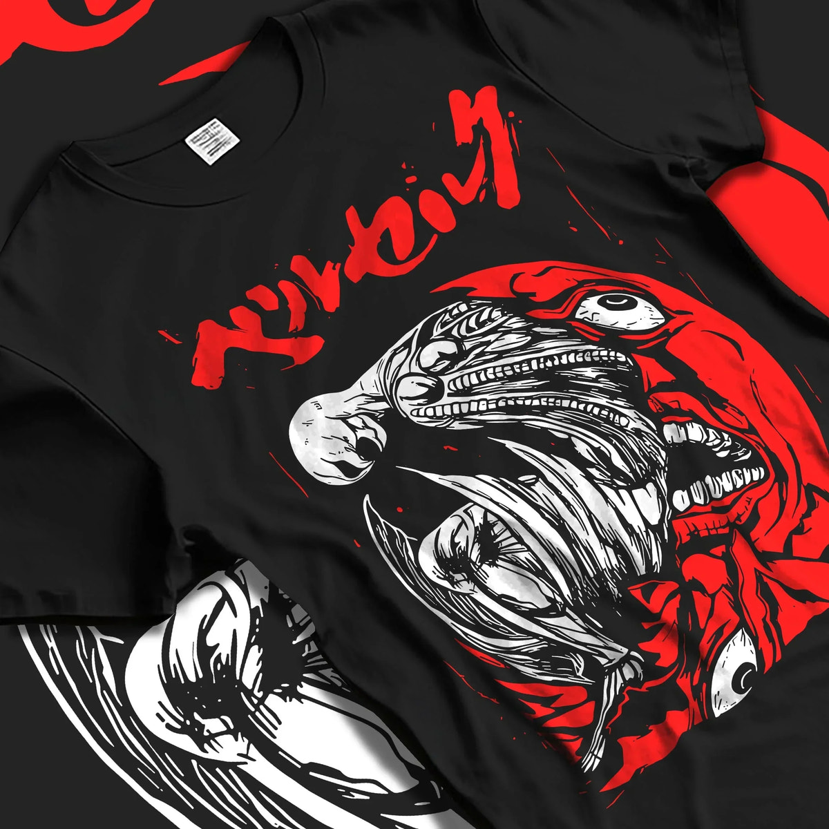 Black T-shirt laid flat with natural folds with Berserk Skull Hoodie Behelit Eclipse Bloody Crimson graphic streetwear graphic.